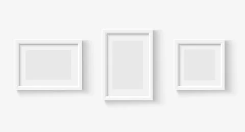 Photo frames on wall. White picture frame set. empty realistic gallery Stock Illustration