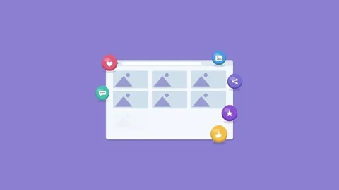 Photo gallery grid in browser with floating 3D icons, violet Vídeos de archivo 342598383