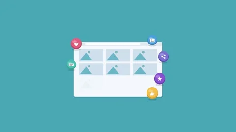 Photo gallery grid in browser with floating 3D icons, teal 動画素材 342598388