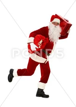 Photo of happy santa claus running with red giftbox and sack in hands Stock Photos