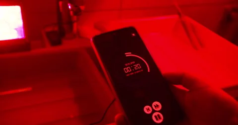 Photo lab worker holding development timer in darkroom Stock Footage 329838600