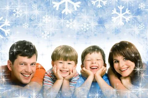 Photo of laughing family on winter snowflake background Stock Photos