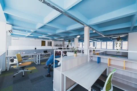 Photo of a modern office where programming, digital marketing and web design Stock Photos