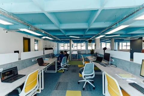 Photo of a modern office where programming, digital marketing and web design Stock Photos