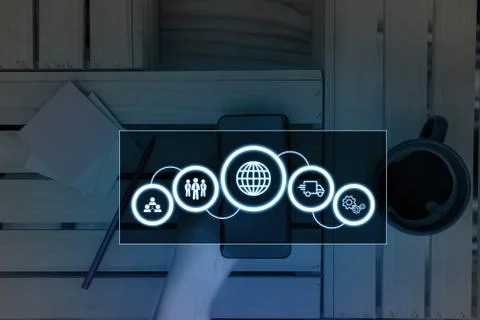 Photo of network system in modern technology smart gadget device. Illustrated 库存照片