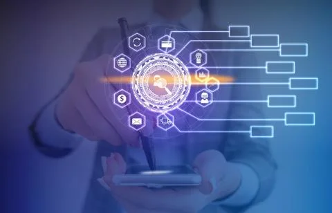 Photo of network system in modern technology smart gadget device. Illustrated 库存照片