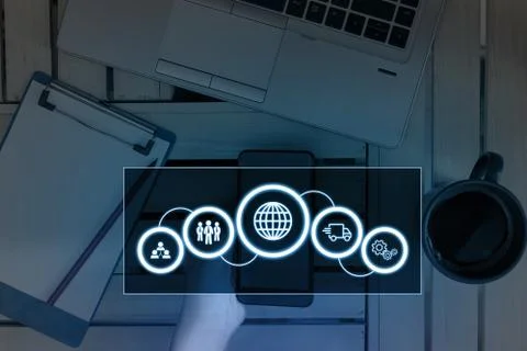 Photo of network system in modern technology smart gadget device. Illustrated 库存照片