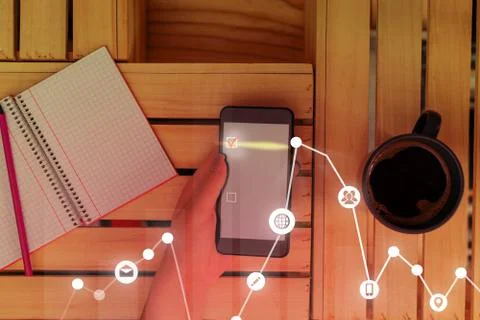 Photo of network system in modern technology smart gadget device. Illustrated 库存照片