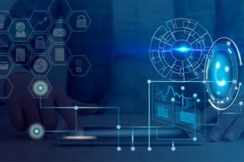 Photo of network system in modern technology smart gadget device. Illustrated Stock Photos