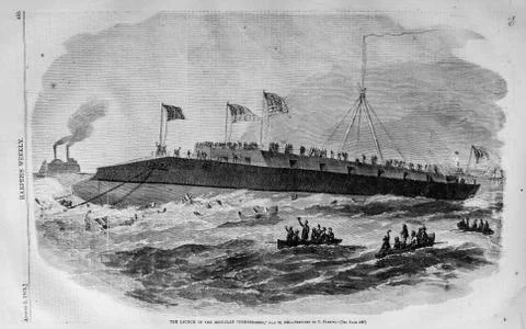 Photo of newspaper article from 1865 of the launch of the iron clad warship 'Dun Stock Photos