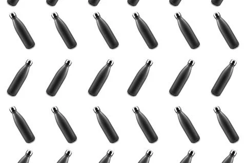 Photo pattern of black reusable thermo bottles isolated on white background. Illustrazione stock