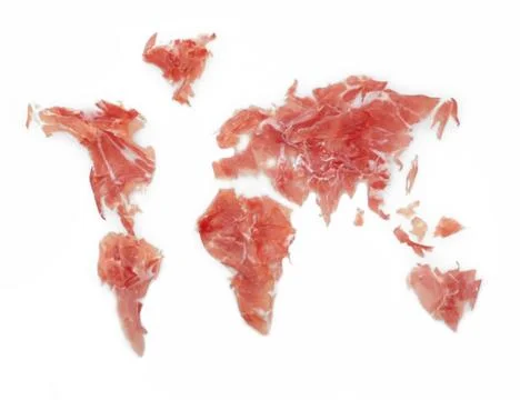 Photo of pieces of Parma ham laid out in the shape of the continents of pla.. Stock Photos