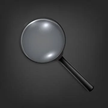 Photo-realistic vector 3d black magnifying glass or Loup icon closeup on black Stock Illustration