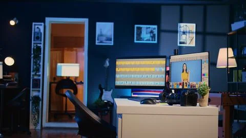 Photo retouching software interface on computer in empty post production studio Stock Photos