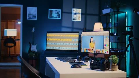 Photo retouching software interface on computer in empty freelancing apartment Stock Photos