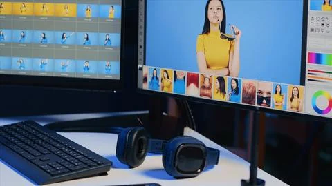 Photo retouching software interface on computer in empty photography studio Stock Photos