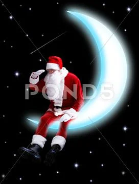 Photo of santa claus sitting on shiny moon and looking downwards with night sky Stock Photos