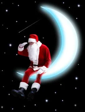 Photo of santa claus sitting on shiny moon and looking downwards with night sky Stock Photos