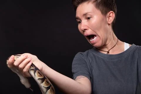 Photo of scared woman with python on black background 스톡 사진