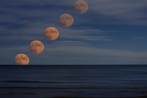 Photo of the sequence of several moons over the sea Stock Photos