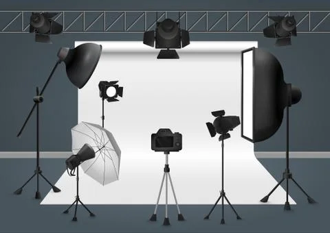 Photo studio with camera, lighting equipment flash spotlight, softbox and Illustrazione stock
