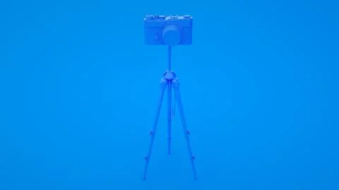 Photo studio concept. Camera and tripod on blue background. 3d illustration イラスト素材