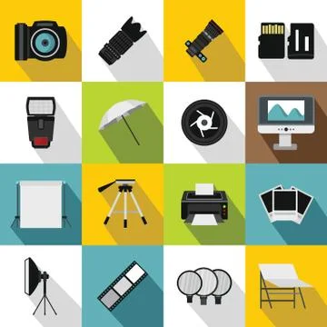Photo studio icons set, flat style Stock Illustration