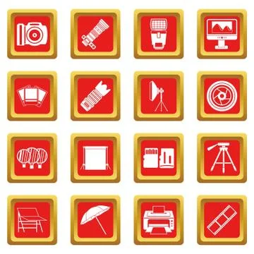 Photo studio icons set red Stock Illustration