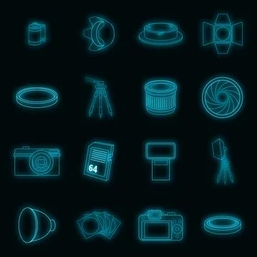 Photo studio icons set vector neon Stock Illustration