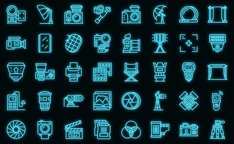 Photo studio icons set vector neon Stock Illustration