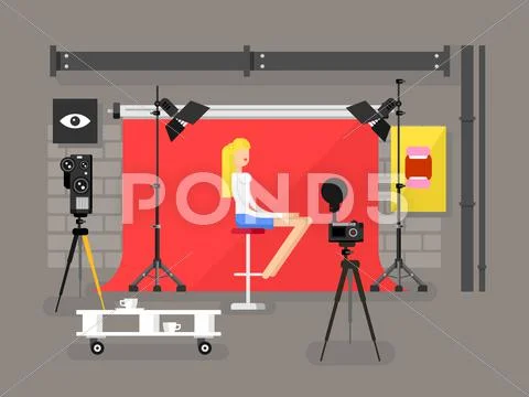 Photo studio interior with model Stock Illustration