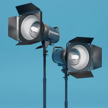 Photo studio lighting stands with flash and softbox on the blue background Stockillustratie