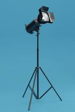 Photo studio lighting stands with flash and softbox on the blue background イラスト素材