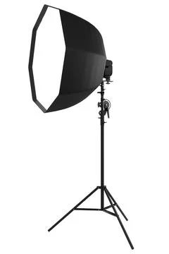 Photo studio lighting stands with flash and octobox isolated on the white. Stock Illustration