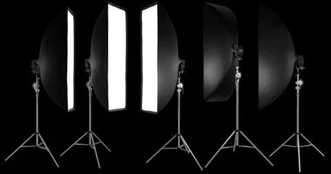Photo studio lighting stands with flash and softbox isolated on the black. Stock Illustration