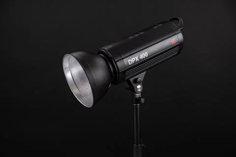 Photo studio strobe light flash bulb. Close up view of professional studio Stock Photos