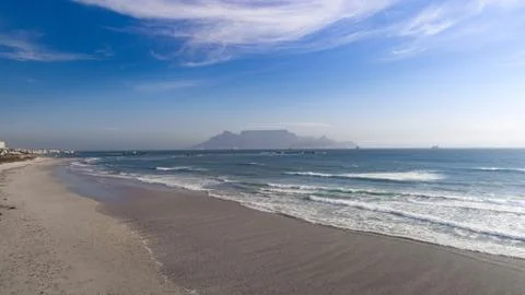 Photo of Table Mountain shot from Big Bay, Cape Town Stock Photos