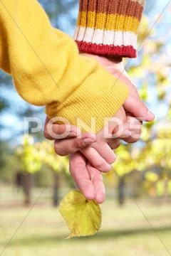 Photo of two human hands holding each other outdoors Stock Photos