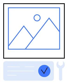 Photo Verification and Approval Process with Mountain Landscape and Checkmark Stock Illustration