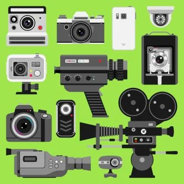 Photo video camera tools optic lenses set. Different types photo-objective retro Stock Illustration