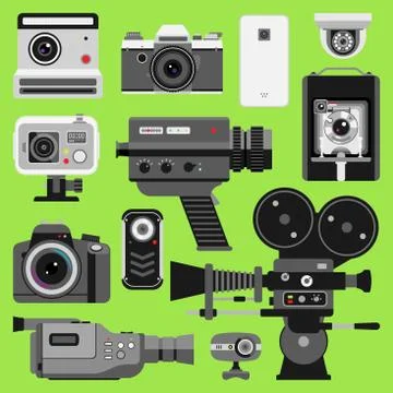 Photo video camera tools optic lenses set. Different types photo-objective retro Stock Illustration
