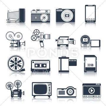 Photo video icons set black Stock Illustrationen