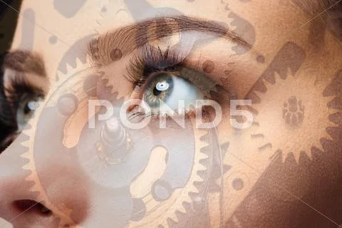 Photo of woman eye and clockwork. Double exposure Stock Photos