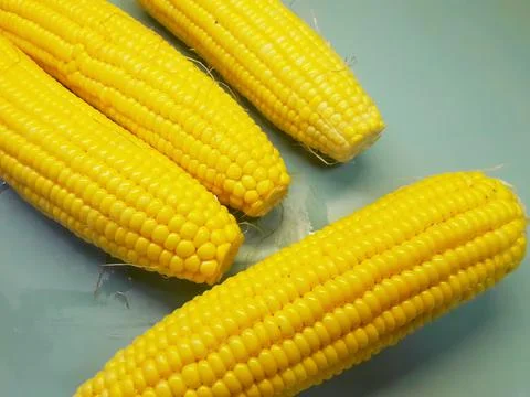 Photo of yellow corn kernels on a table, photographed from above. Stock Photos