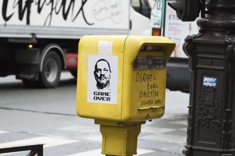 Photocopy of Harvey Weinstein stuck to a Parisian postbox. Stock Photos