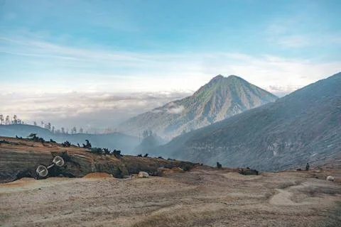 Photograph of high volcano with clouds on Java island 스톡 사진