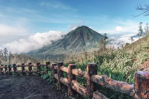 Photograph of high volcano with clouds on Java island 스톡 사진