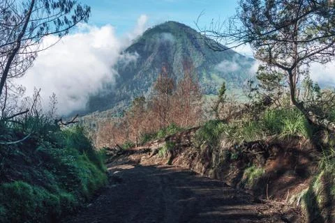 Photograph of high volcano with clouds on Java island 스톡 사진