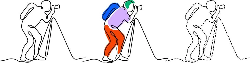 Photographer adjusting camera angle for a perfect shot in various scenarios.. Illustrazione stock