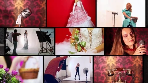 Photographer and pretty models work in studio (5 models), collage Vídeo Stock 84965936